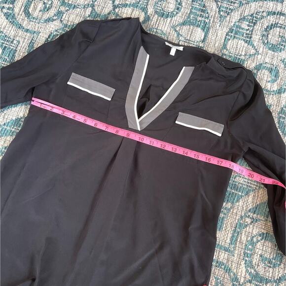 Joie 'Mystic' Black Silk Blouse - Contrast Trim V-Neck Long Sleeve Shirt - Picture 4 of 10